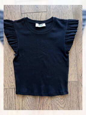 NWOT Double Zero Ruffled Cap Sleeve Fitted Ribbed T-Shirt Black - M